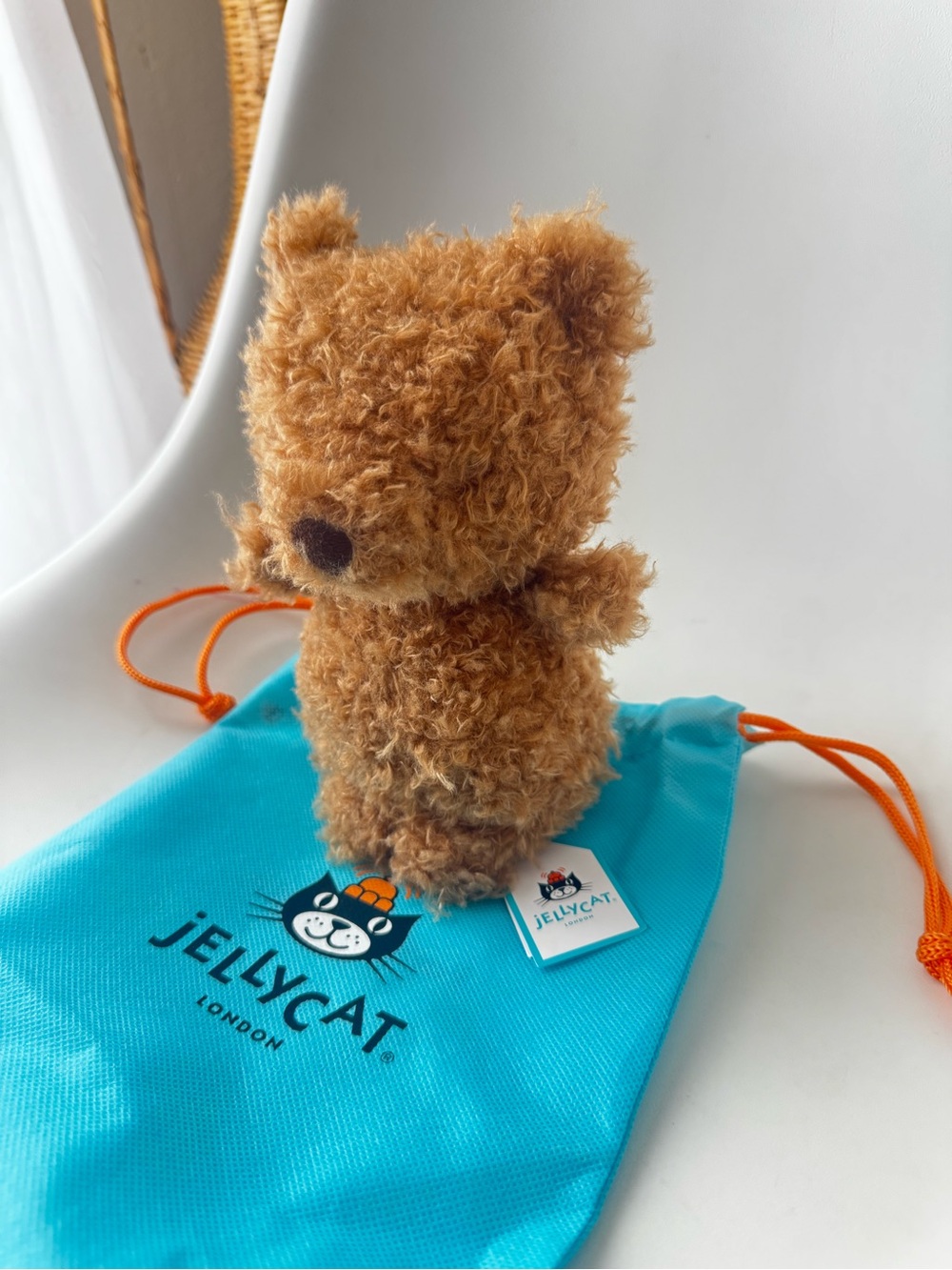 Jellycat Plush Brown Curly Bear on Blue Drawstring Bag - Picture 2 of 16